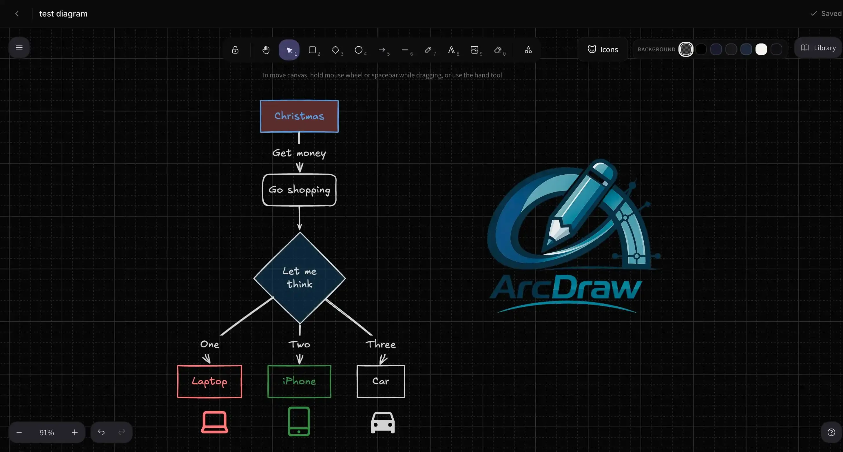 Arc Draw canvas with icon picker open